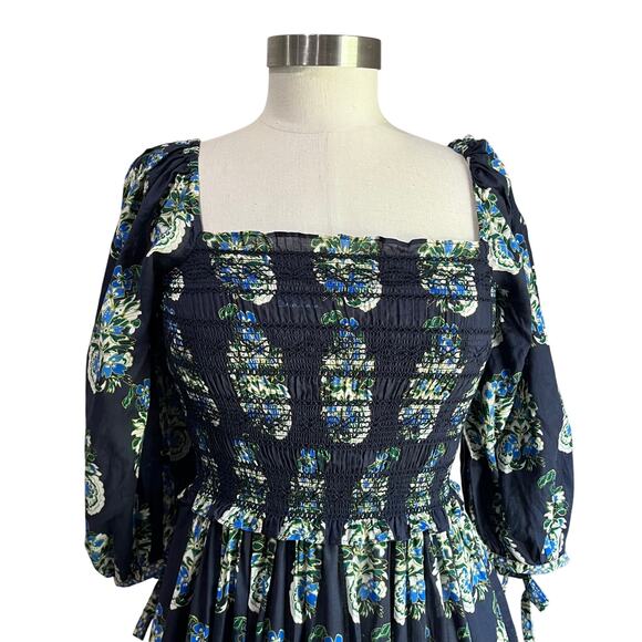 Cara Cara Jazzy Blue Green Print Puff Sleeve Smocked Cotton Midi Dress Sz S - Picture 6 of 13